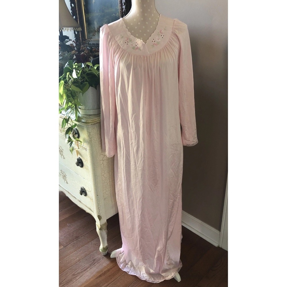 Vtg Shadowline Pink Embroidered Long Sleeve Nightgown Gown Cottagecore Women's S